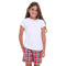 Girls summer pajama set White t-shirt + Red x Dark blue checkered shorts